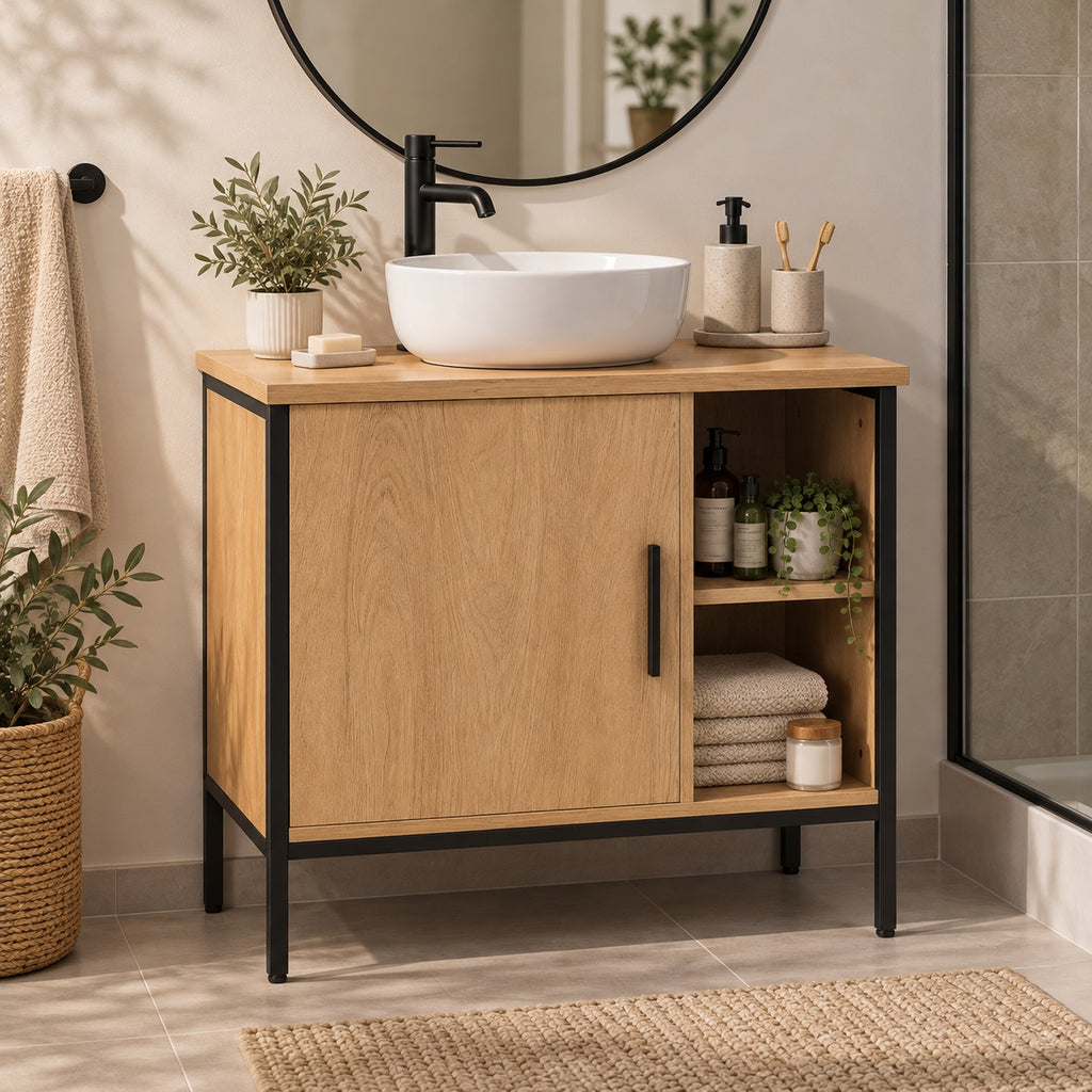 Meuble Sous Vasque Salle de Bain | Industriel Chêne & Métal | oryabain